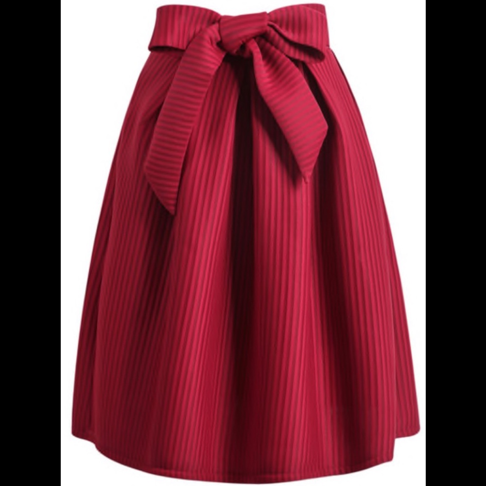 Wine red bow vertical stripe skirt